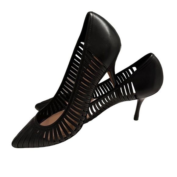 Linea Paolo leather sole rattan black heels size 7 - Picture 1 of 3